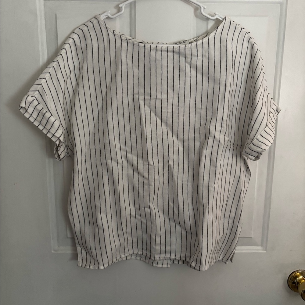Rachel Zoe White Black Stripe Blouse Short Sleeve Button Back Top Size S - Picture 2 of 5